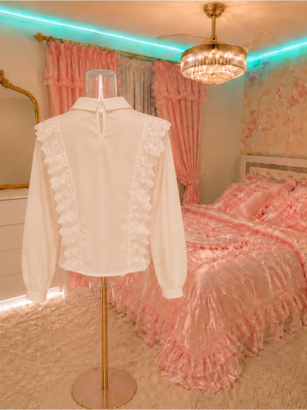 SHEIN White Lace Ruffle-Trim Collared Blouse - Picture 2 of 3